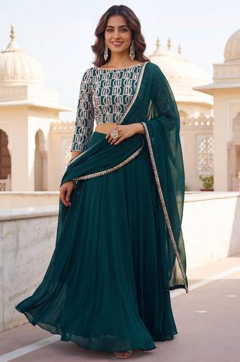 green georgette plain lehenga choli with dupatta