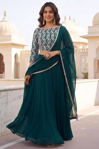 green georgette plain lehenga choli with dupatta