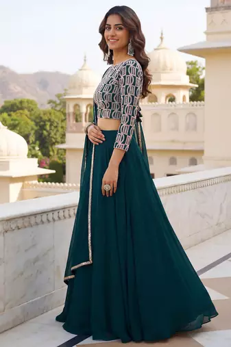 green georgette plain lehenga choli with dupatta