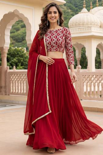 red georgette plain lehenga choli with dupatta