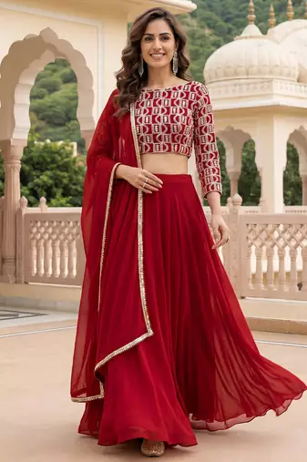 red georgette plain lehenga choli with dupatta