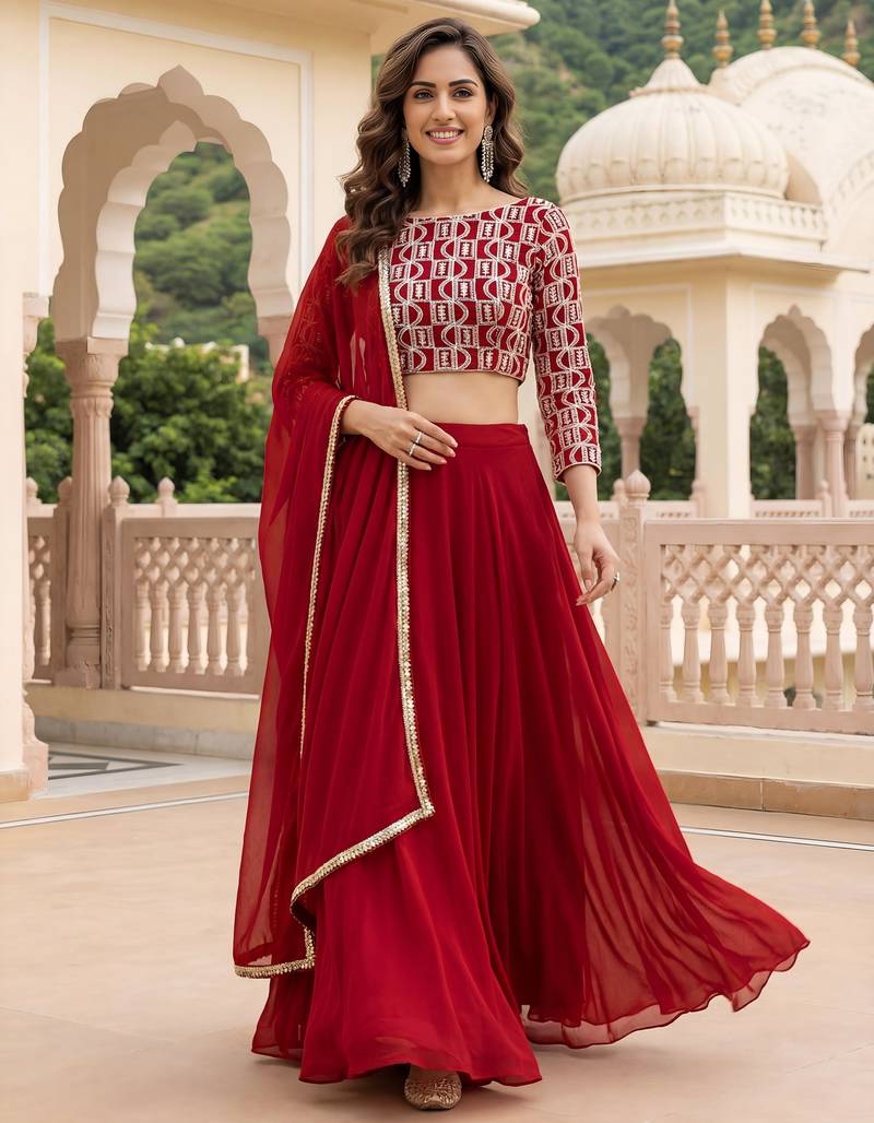 red georgette plain lehenga choli with dupatta