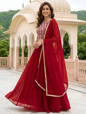 red georgette plain lehenga choli with dupatta 2