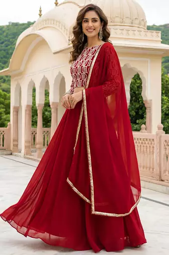red georgette plain lehenga choli with dupatta