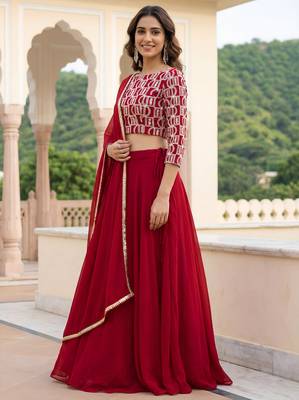 red georgette plain lehenga choli with dupatta 3