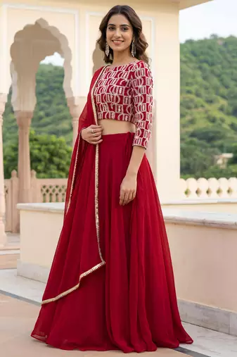 red georgette plain lehenga choli with dupatta