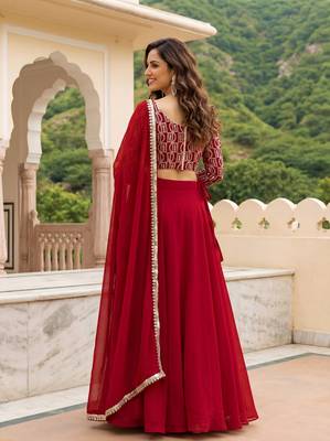 red georgette plain lehenga choli with dupatta 4