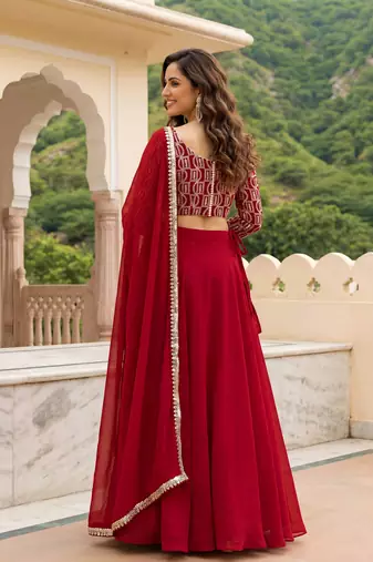 red georgette plain lehenga choli with dupatta