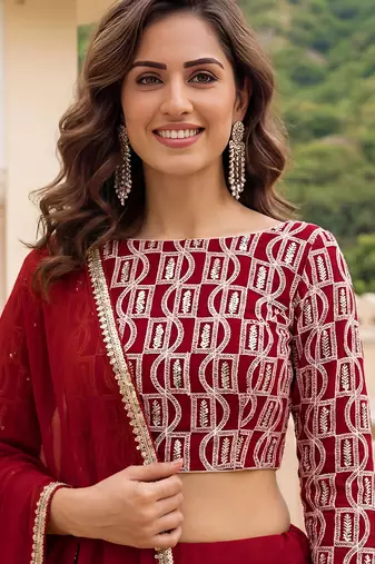 red georgette plain lehenga choli with dupatta