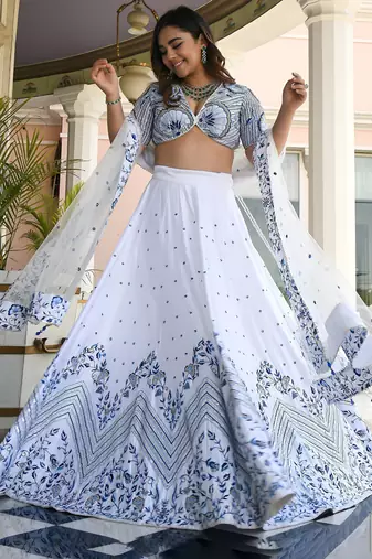 white satin embroidered lehenga choli with dupatta