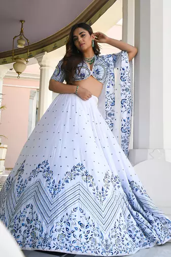 white satin embroidered lehenga choli with dupatta
