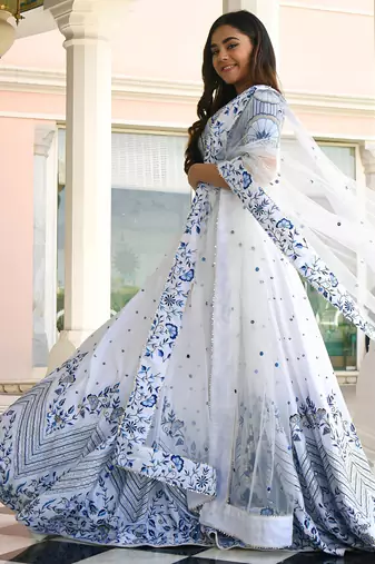 white satin embroidered lehenga choli with dupatta