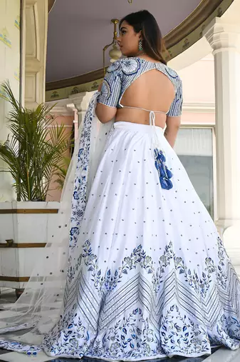 white satin embroidered lehenga choli with dupatta