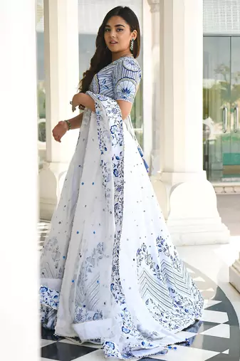 white satin embroidered lehenga choli with dupatta