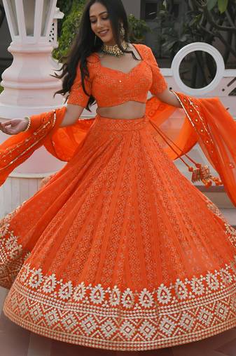 orange georgette embroidered lehenga choli with dupatta
