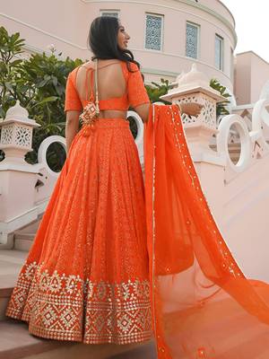 orange georgette embroidered lehenga choli with dupatta 3