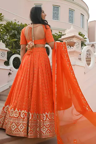 orange georgette embroidered lehenga choli with dupatta