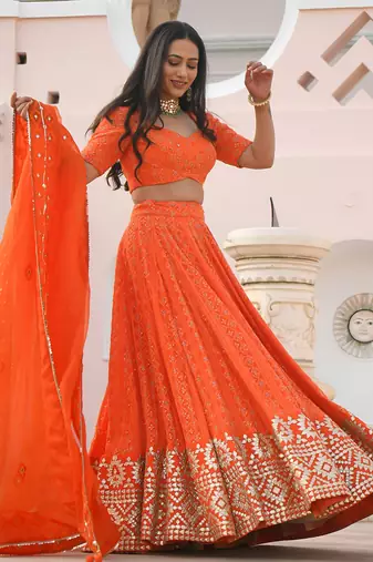 orange georgette embroidered lehenga choli with dupatta