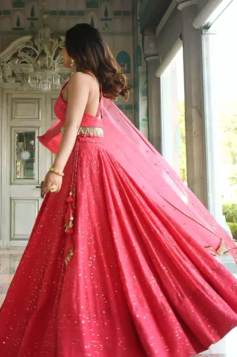 pink georgette embroidered lehenga choli with dupatta