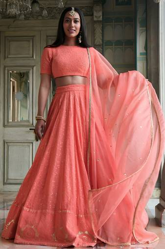 peach georgette embroidered lehenga choli with dupatta