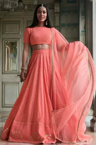 peach georgette embroidered lehenga choli with dupatta