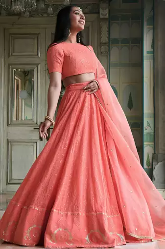 peach georgette embroidered lehenga choli with dupatta