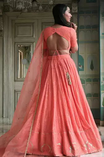 peach georgette embroidered lehenga choli with dupatta