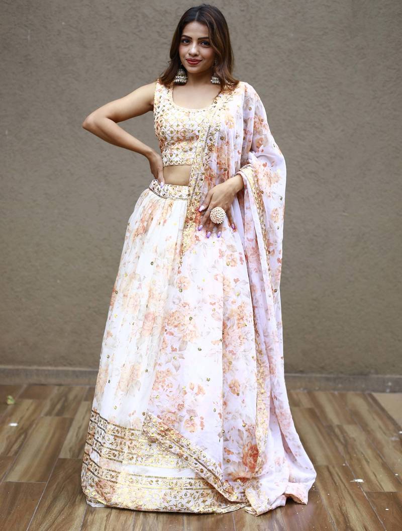orange organza embroidered lehenga choli with dupatta