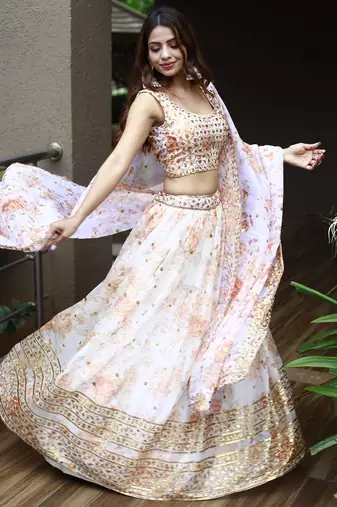 orange organza embroidered lehenga choli with dupatta