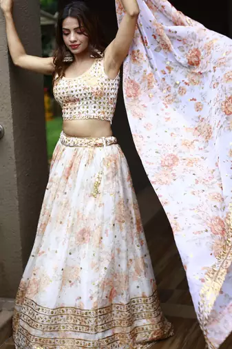 orange organza embroidered lehenga choli with dupatta
