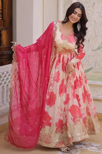 Silk blend sequins embroidered anarkali with dupatta stitched