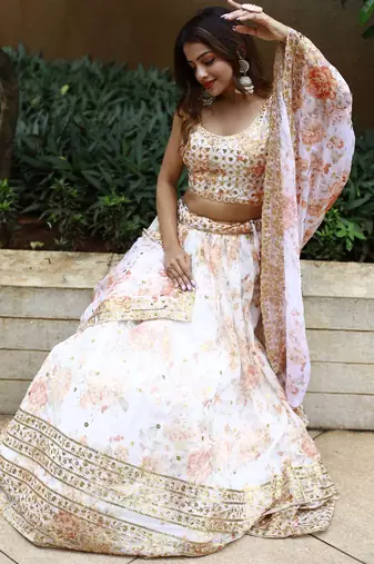 orange organza embroidered lehenga choli with dupatta