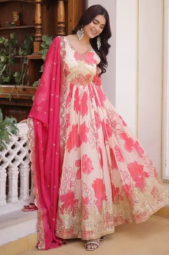 Silk blend sequins embroidered anarkali with dupatta stitched