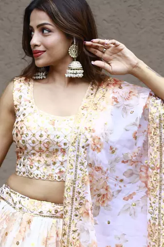 orange organza embroidered lehenga choli with dupatta
