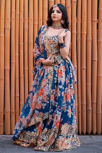 blue organza embroidered lehenga choli with dupatta
