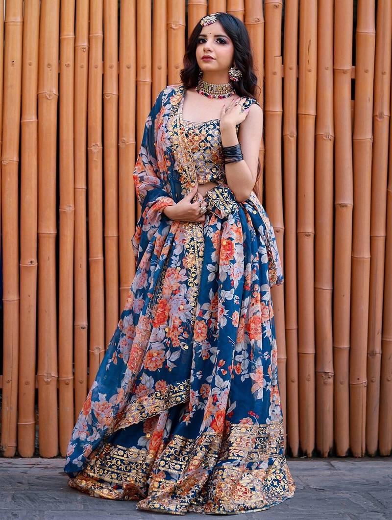 blue organza embroidered lehenga choli with dupatta