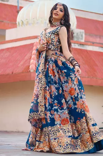 blue organza embroidered lehenga choli with dupatta