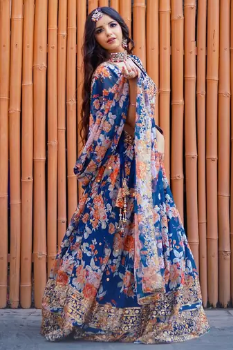 blue organza embroidered lehenga choli with dupatta