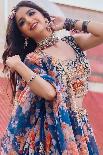 blue organza embroidered lehenga choli with dupatta