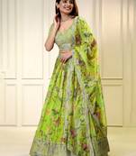 parrot green organza printed lehenga choli with dupatta