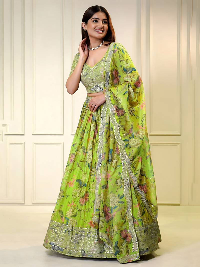 parrot green organza printed lehenga choli with dupatta