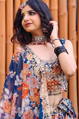 blue organza embroidered lehenga choli with dupatta
