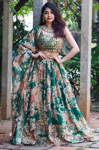 green organza embroidered lehenga choli with dupatta