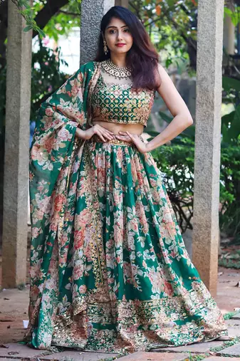 green organza embroidered lehenga choli with dupatta