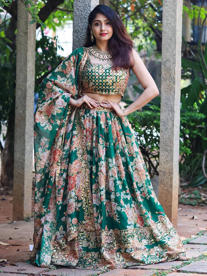 green organza embroidered lehenga choli with dupatta