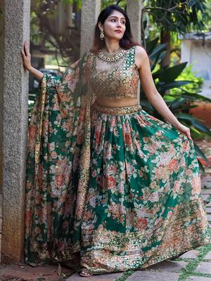 green organza embroidered lehenga choli with dupatta 3