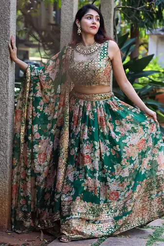 green organza embroidered lehenga choli with dupatta