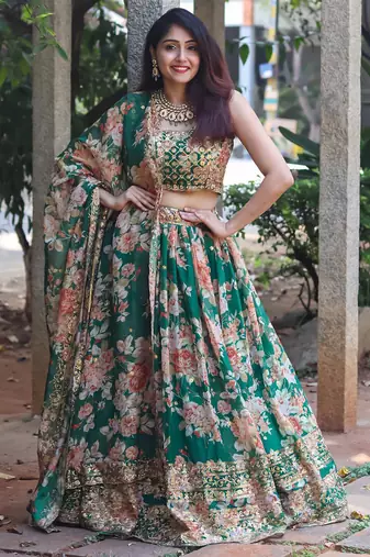 green organza embroidered lehenga choli with dupatta