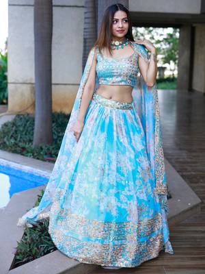 sky blue organza embroidered lehenga choli with dupatta 1
