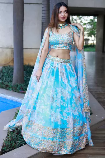 sky blue organza embroidered lehenga choli with dupatta
